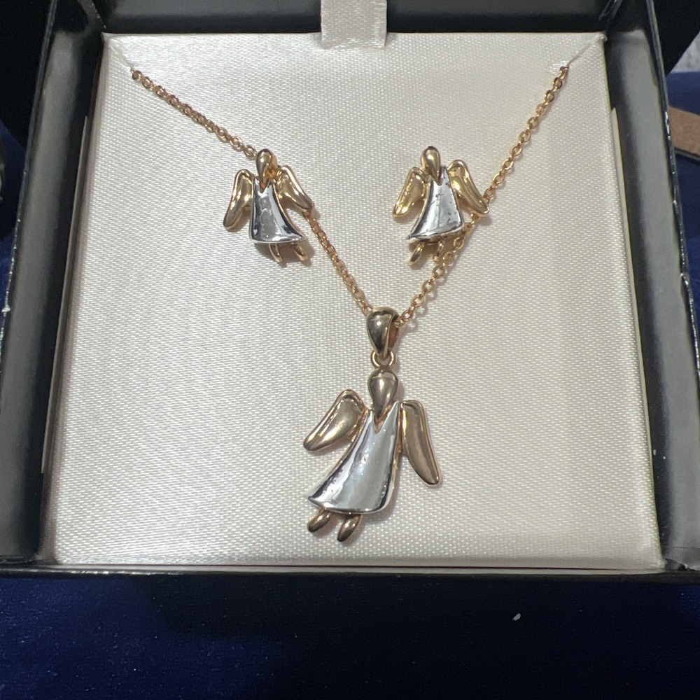 Angel Necklace and Earring Set Two Tone Gold Silver Plated Jewelry Set